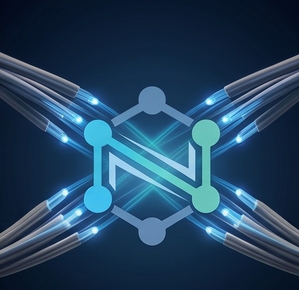 Isotipo de Nodus Connect al centro de haces de fibra óptica iluminados